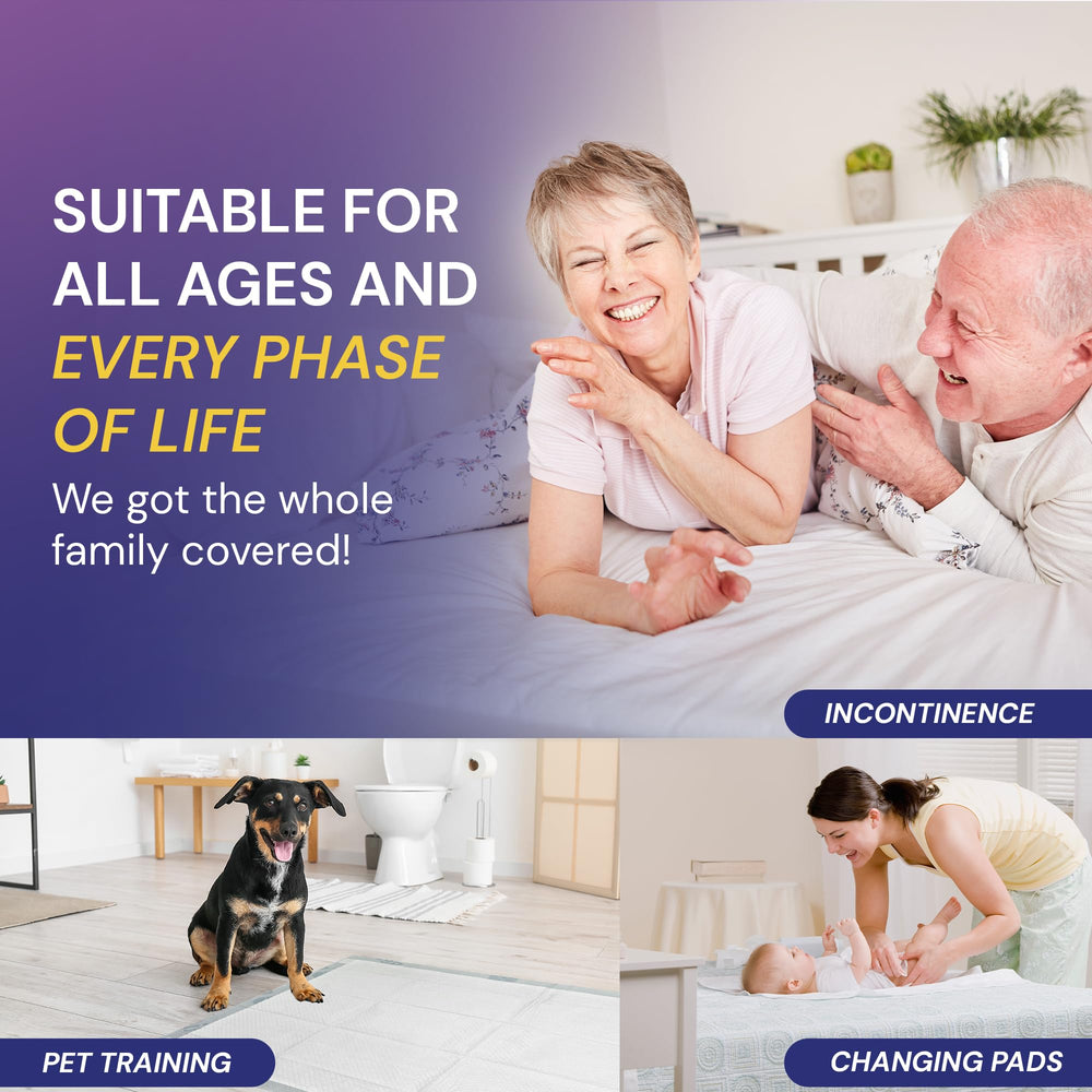 Reli bed pad use scenario shows pets and eldercare applications.