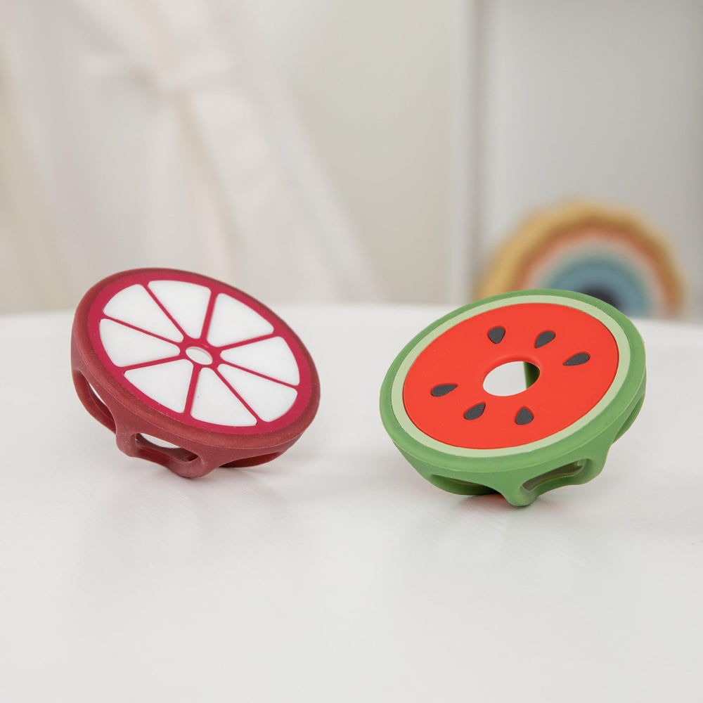 Relive bright design teether stimulates visual interest during soothing moments.