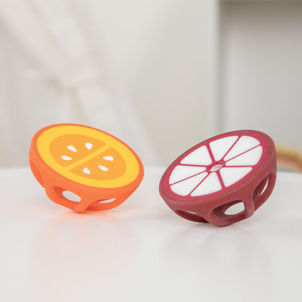ReLIVE orange mangosteen teether shows colorful textures for chewing.