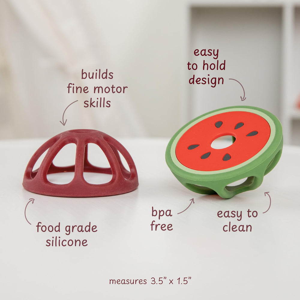 Relive soft silicone teether for delicate gums, easy grip for tiny hands.