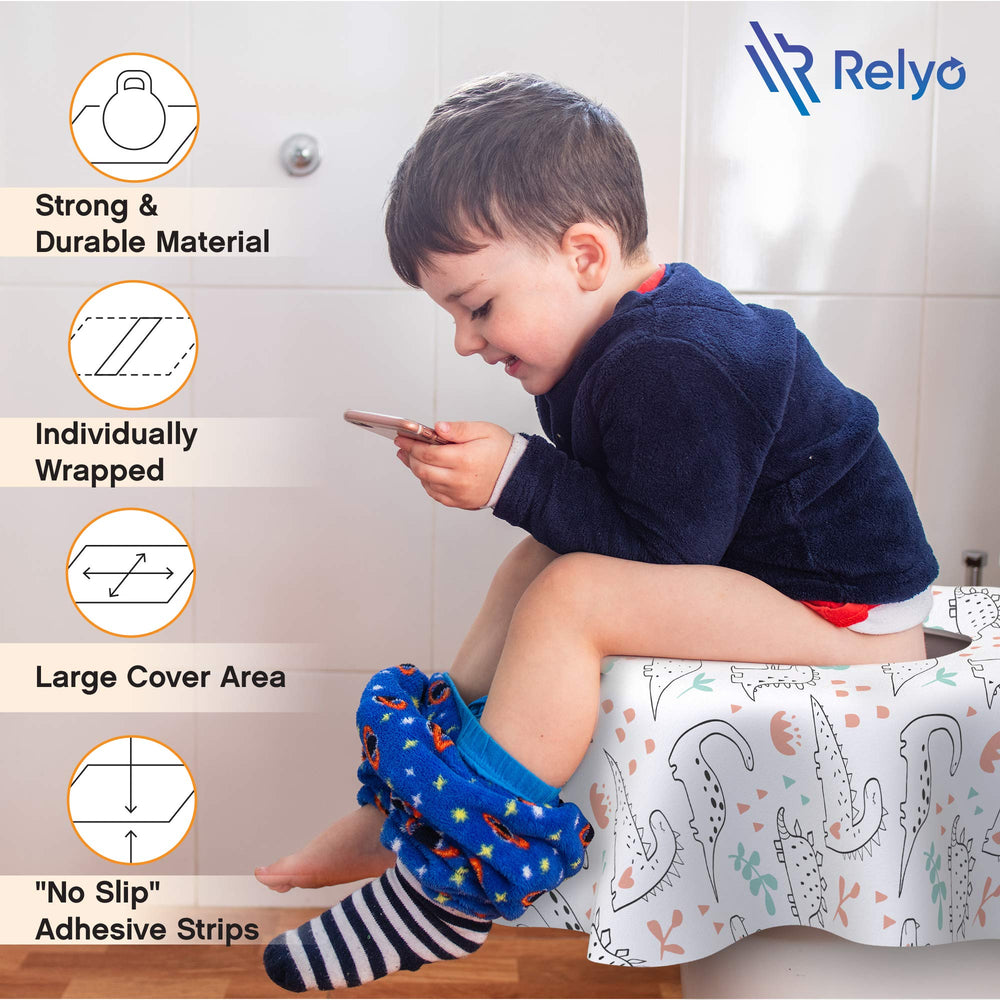 Relyo dinosaur print adds kid-friendly reassurance during potty breaks.