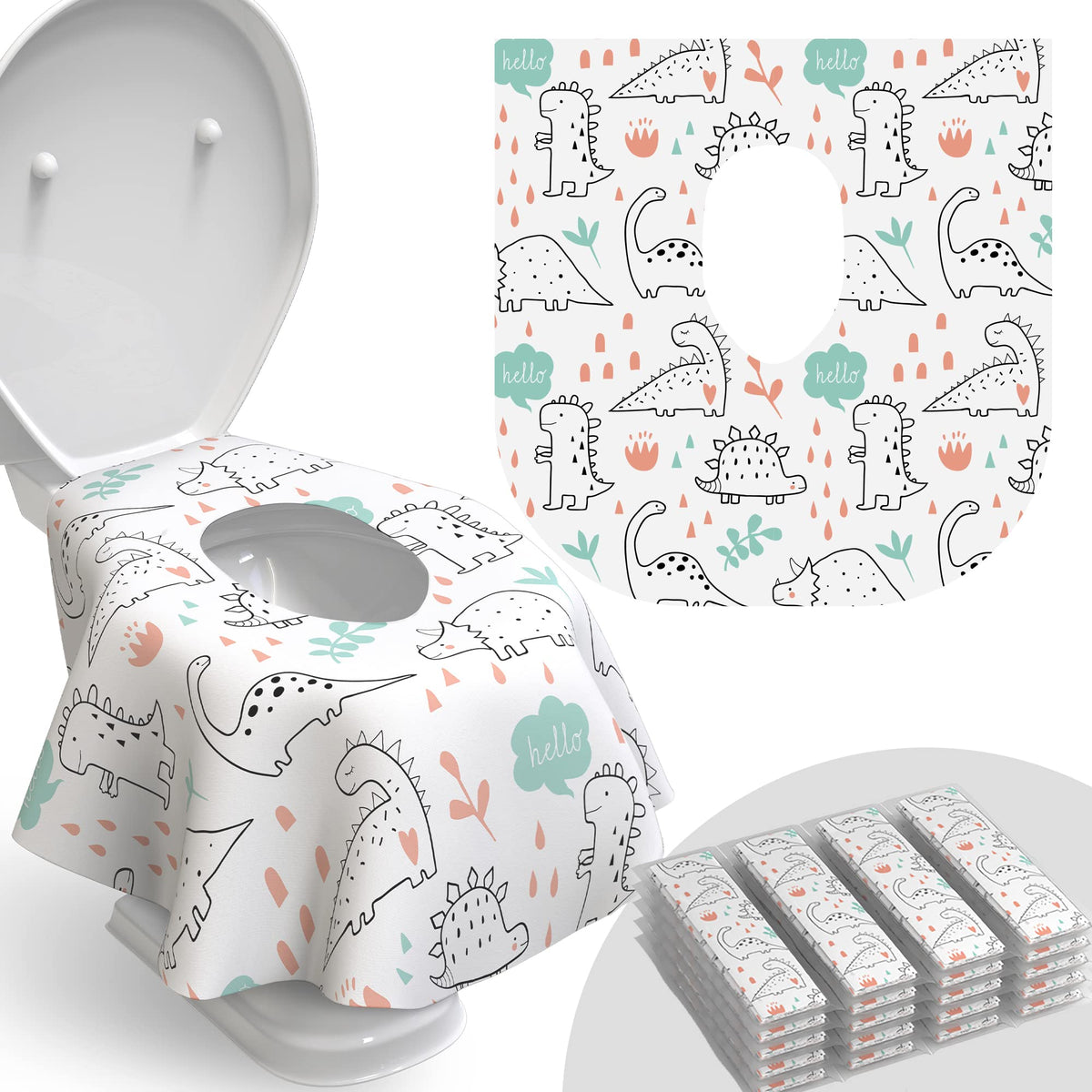Relyo 20-pack dinosaurs cover for on-the-go protection in public restrooms.
