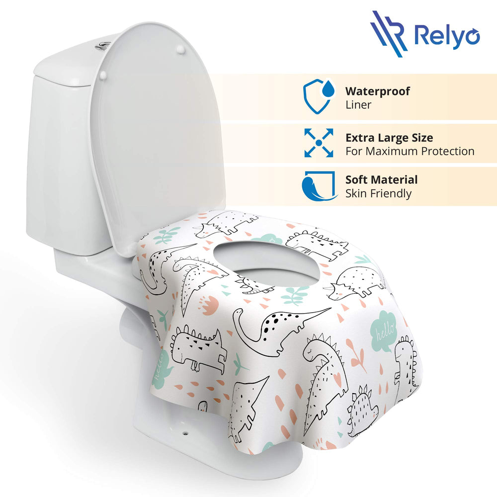 Relyo toilet seat covers with adhesive strips for stable placement.