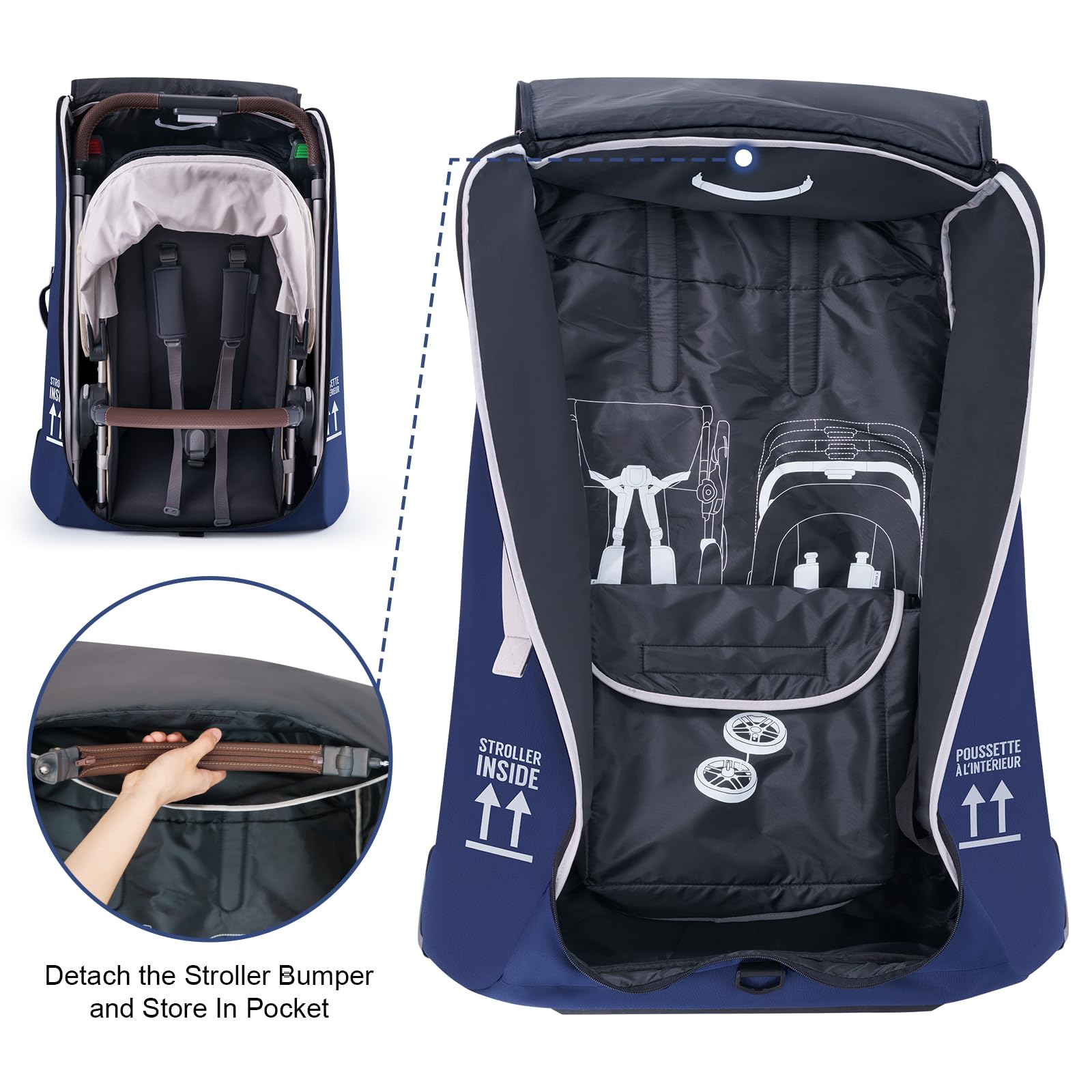 REMEIT stroller bag with smooth wheels ready for rolling through airport.