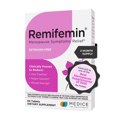 Remifemin bottle front view with 60 tablets for menopause symptom relief