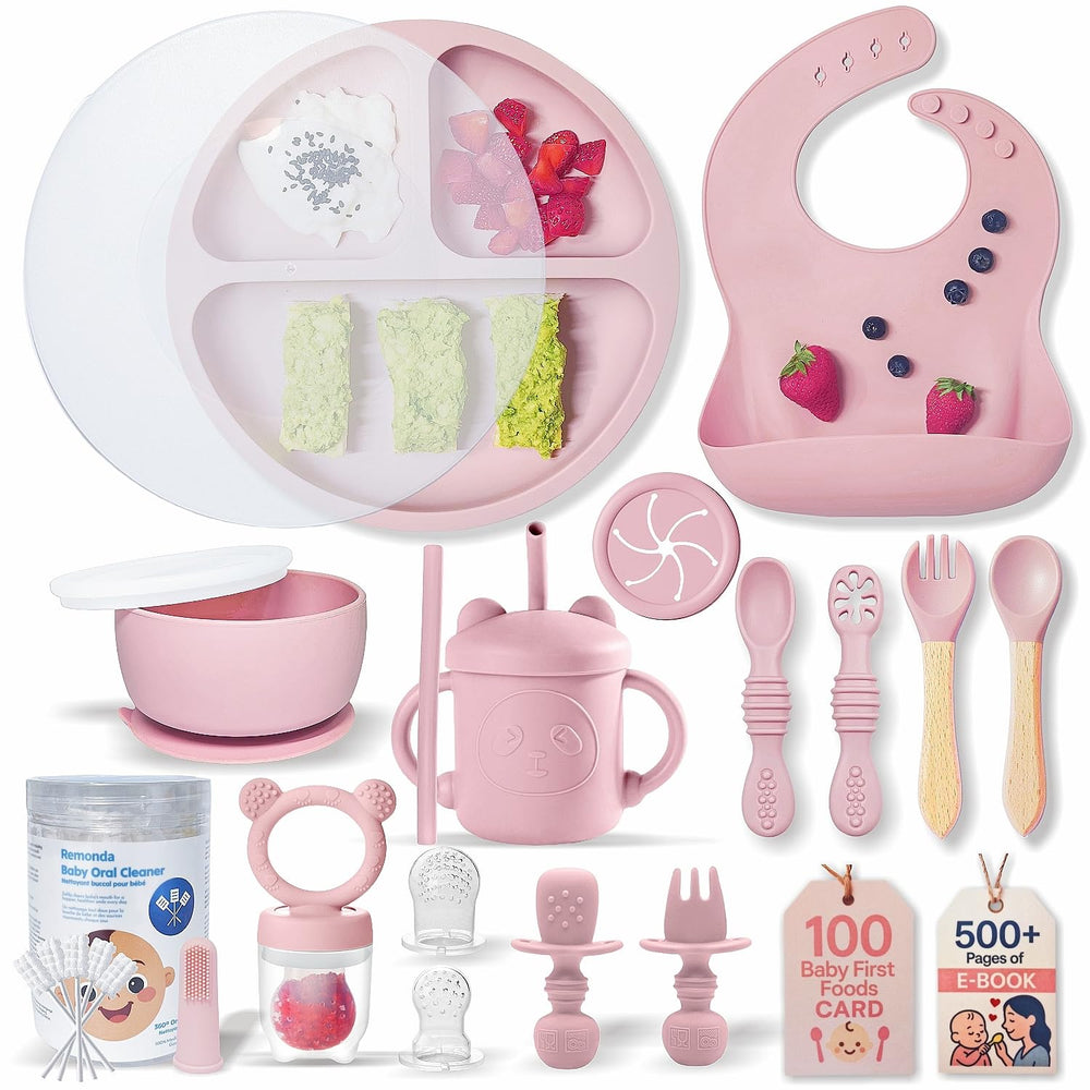 Remonda 23-piece feeding set with suction plate showing strong grip for mess-free meals