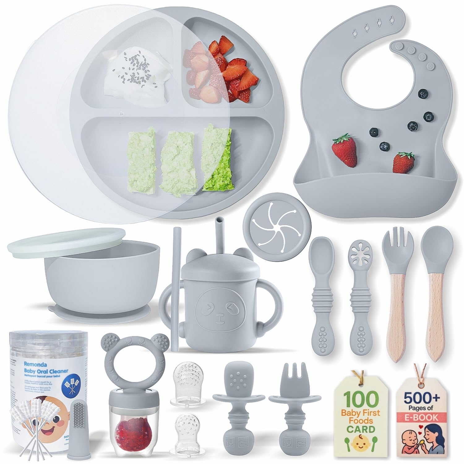 Remonda 23-piece feeding set with suction plate for mess-free self-feeding.