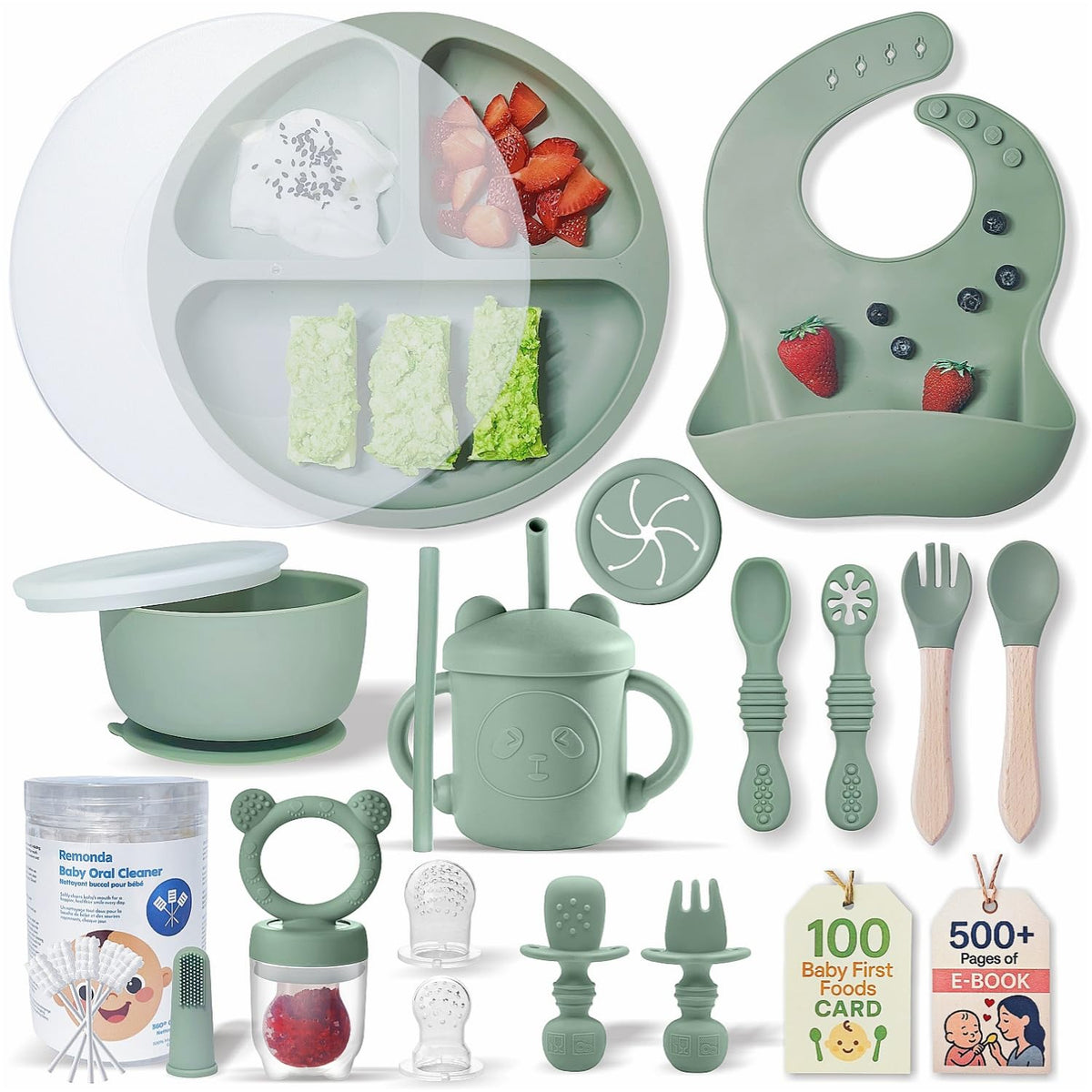 Remonda 23-piece feeding set overview showing a complete self-feeding solution.