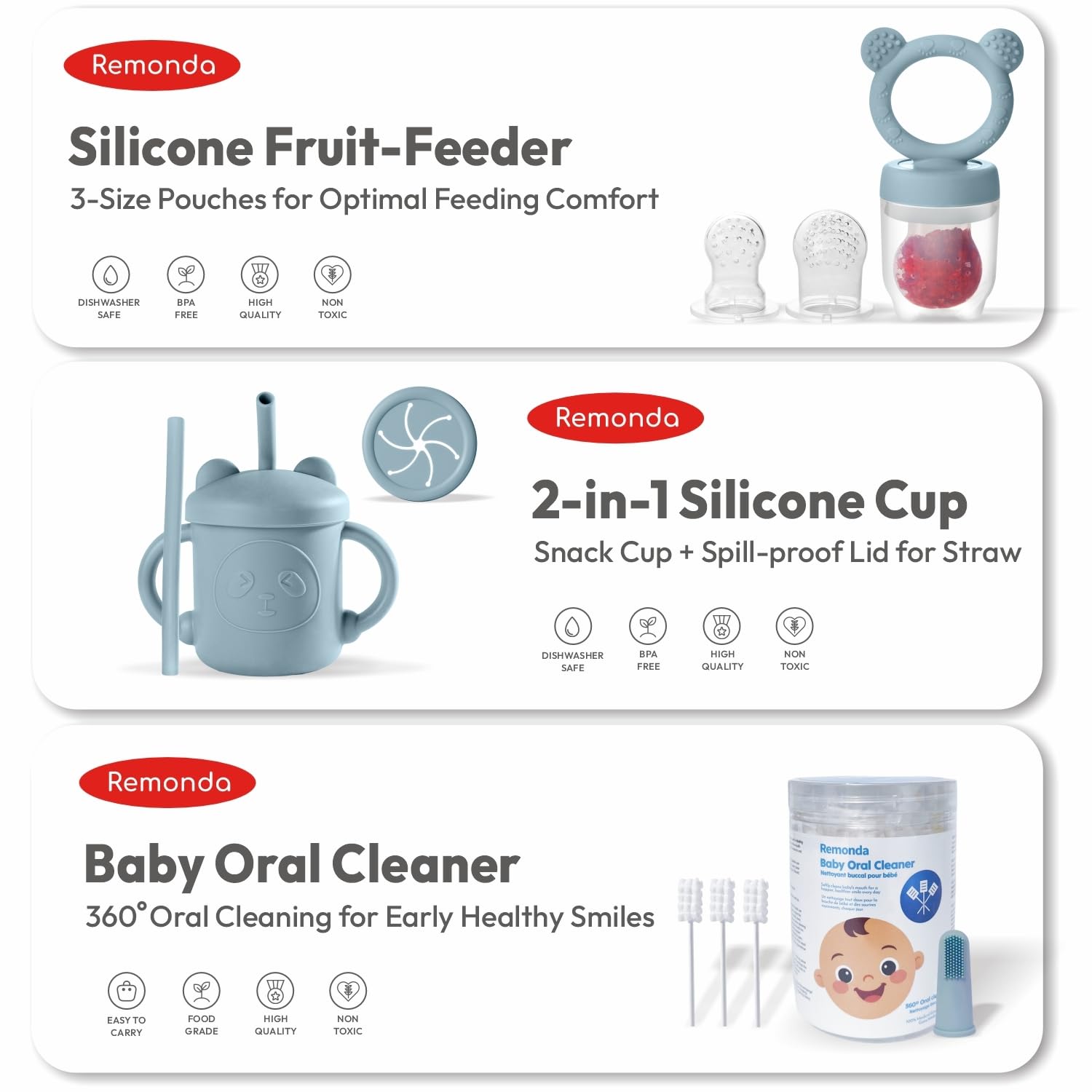 Remonda includes 3 pairs of utensils for easy self feeding