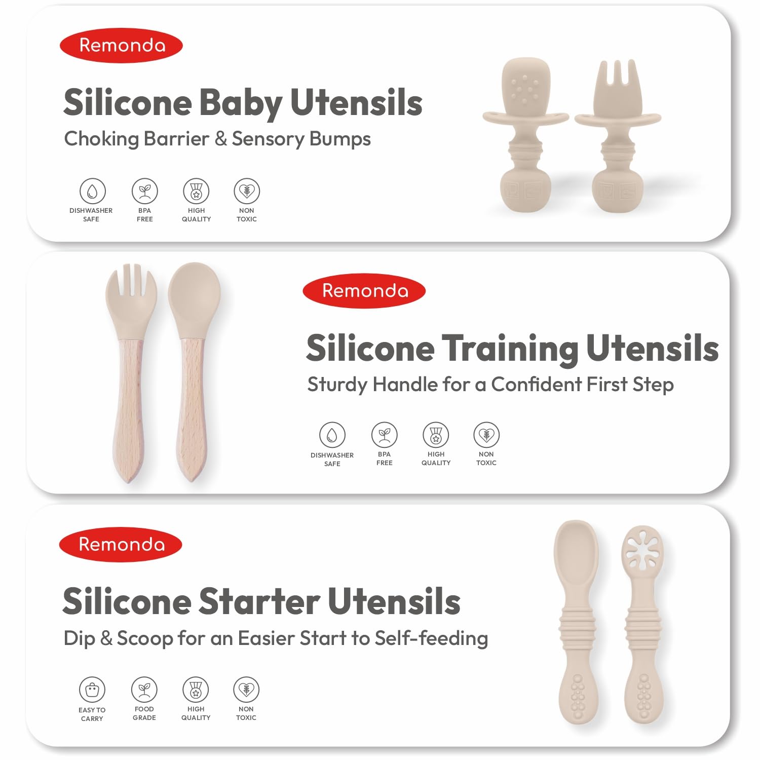 Remonda ergonomic utensils promote comfort and confidence during baby-led meals.
