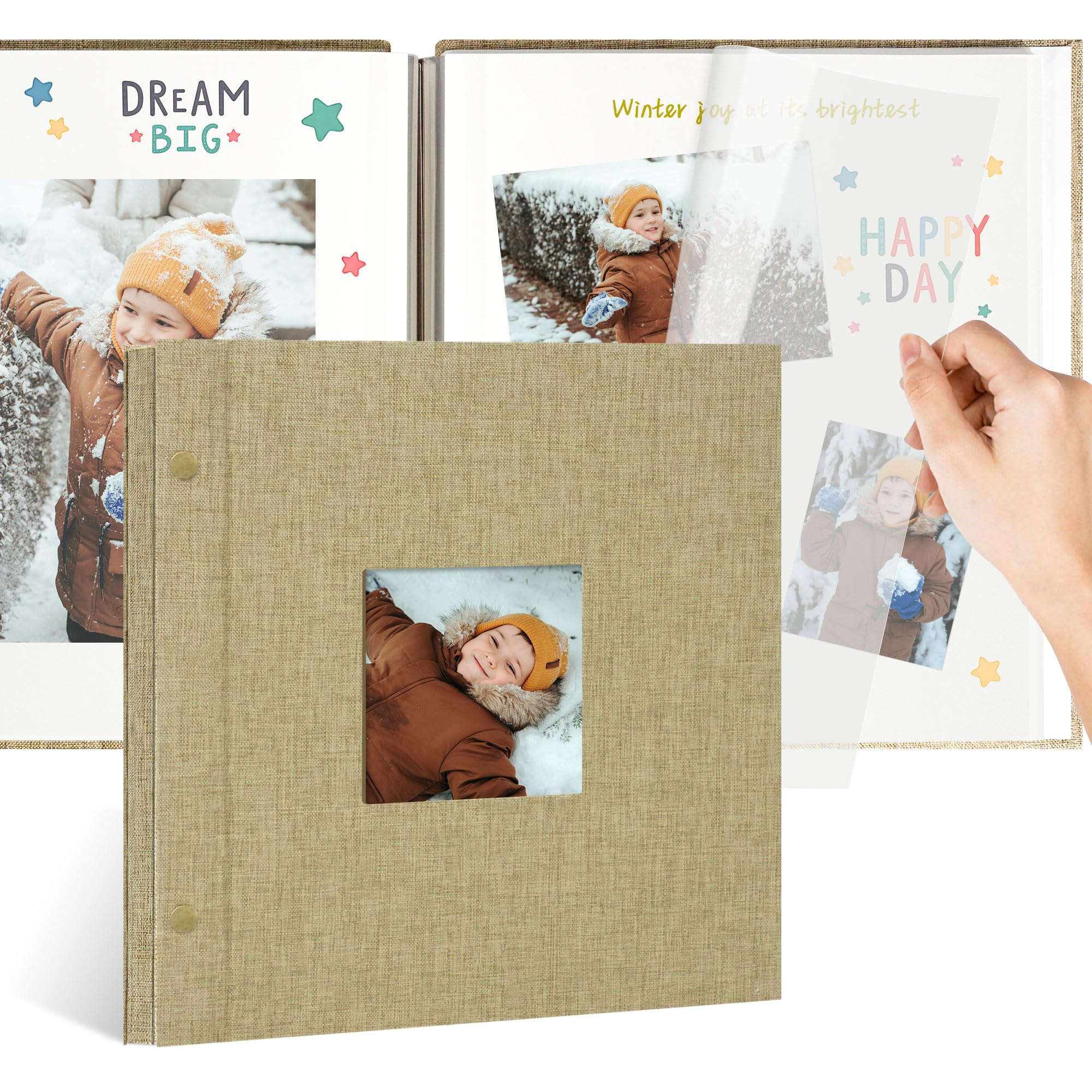 Remowith 10x10 linen album with window protects a displayed photo