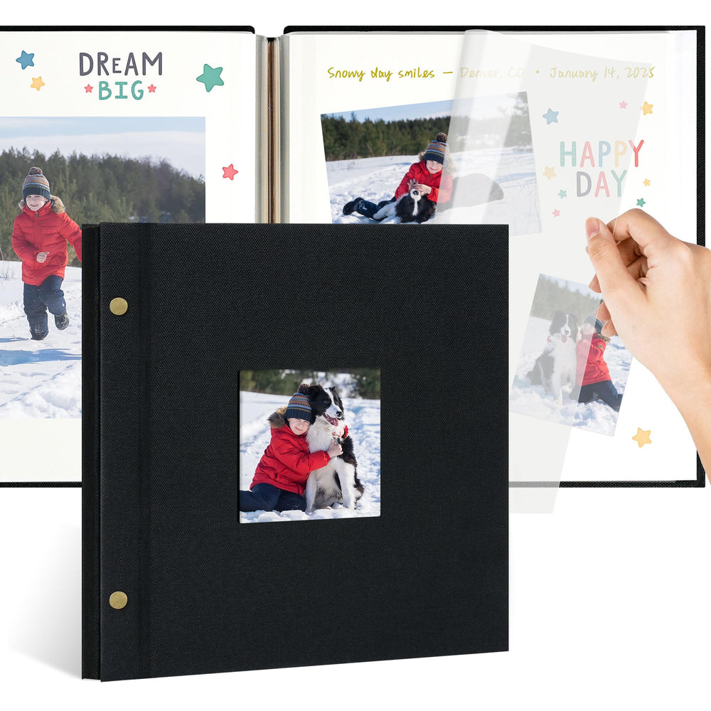 Remowith linen-cover album with window for display-ready photos.