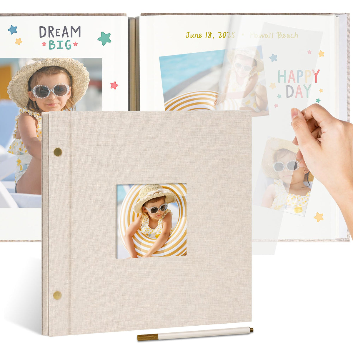 Remowith linen-cover-window album displaying a cherished photo in the display window.