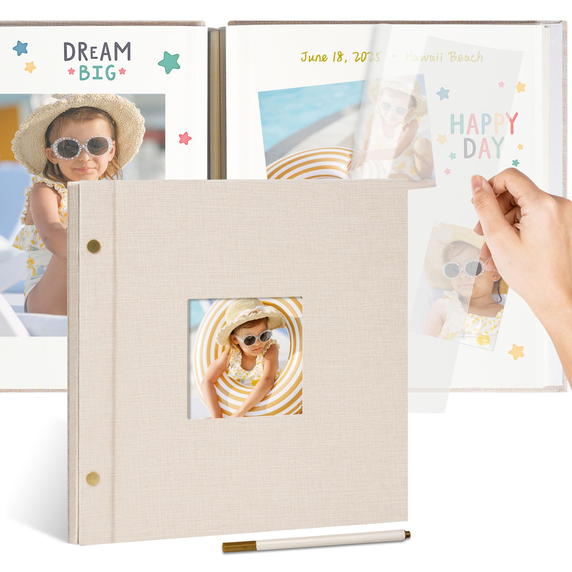 Remowith linen photo album with window cover protects a displayed photo for presentable keepsakes.