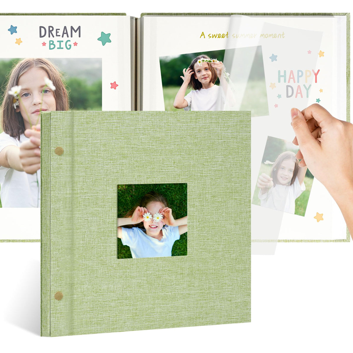 Remowith linen album with window cover displays memories in a compact design.