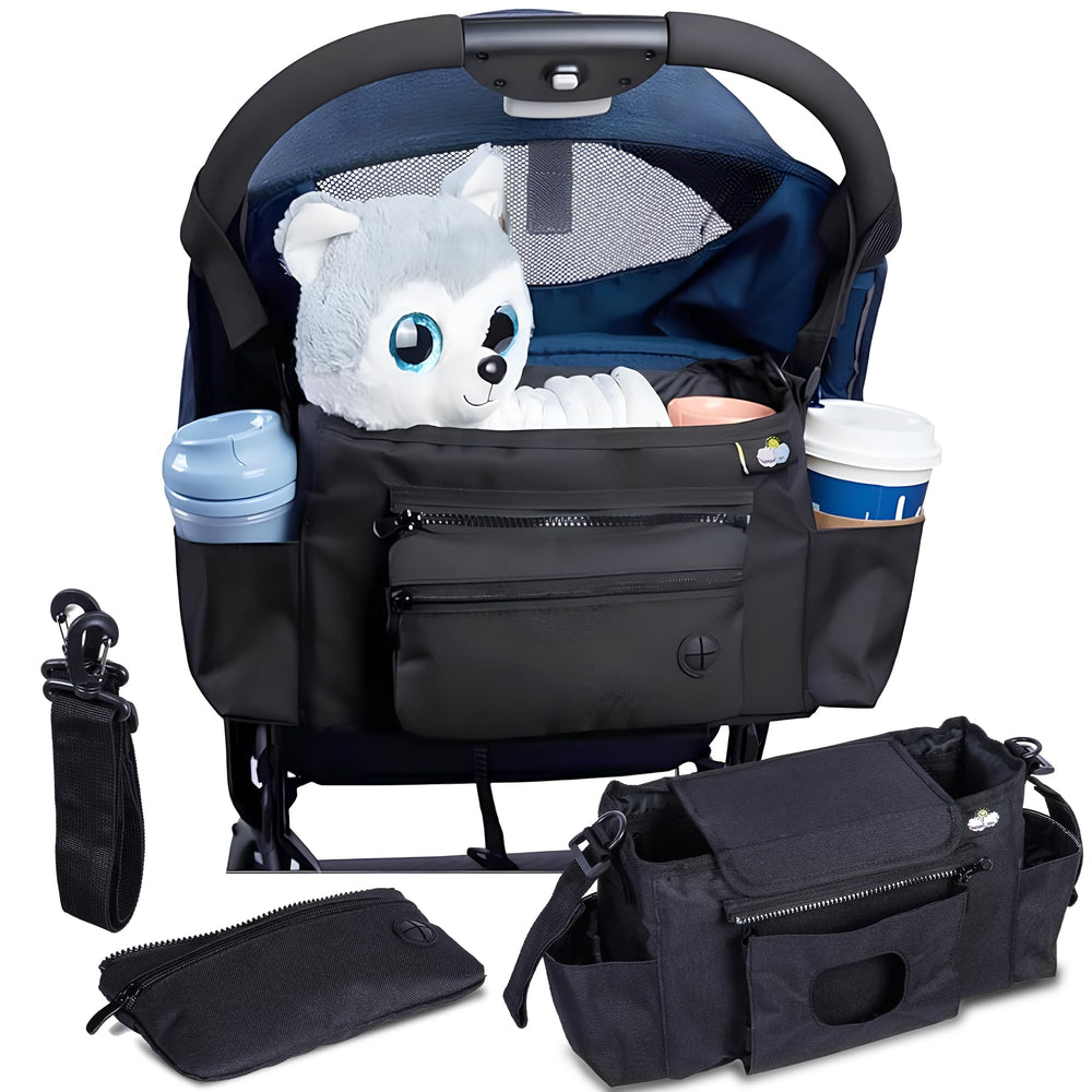 Renaissance Baby universal stroller organizer front view showing accessible storage