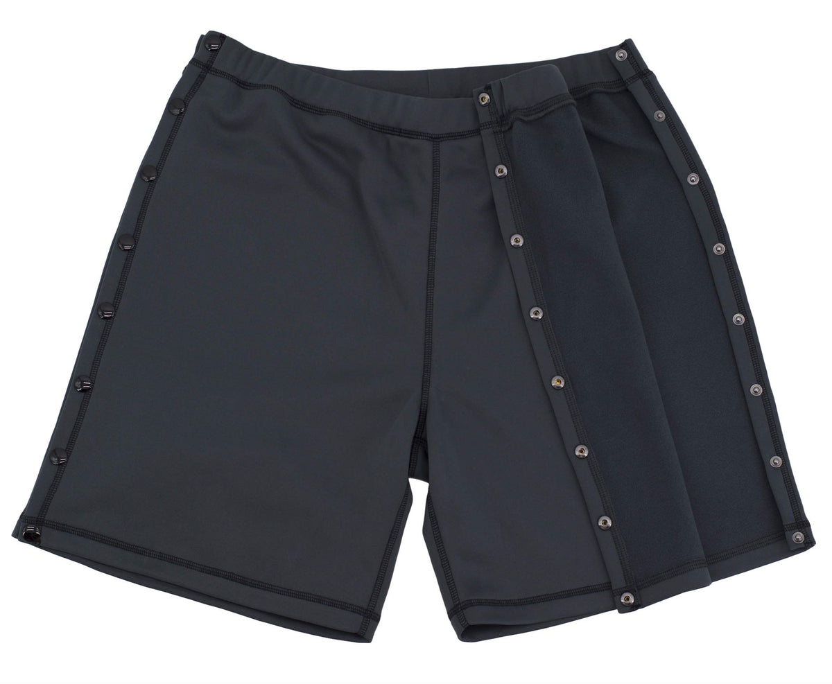 Renova Medical Wear post-surgery tearaway shorts grey front view, easy access for recovery