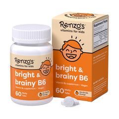 Renzo's Bright & Brainy B6 dissolving tabs for kids, sugar-free and orange-flavored.