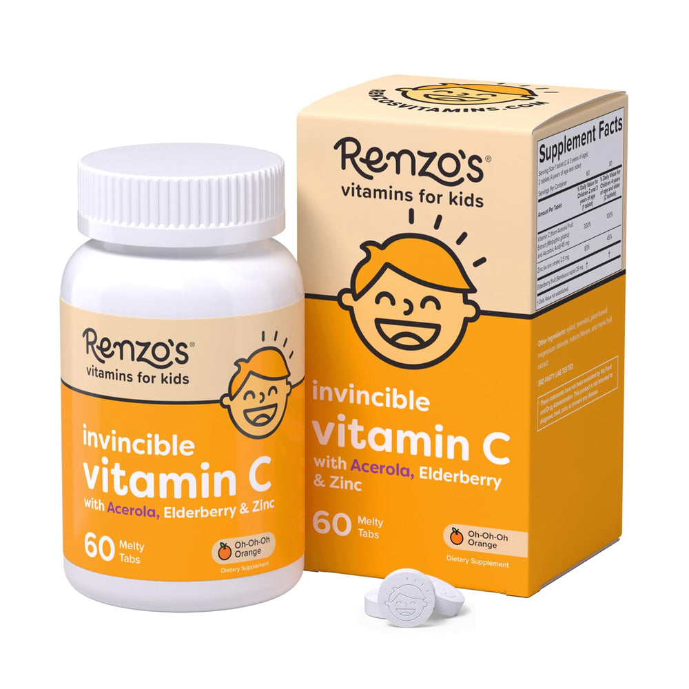 Renzo's Invincible Vitamin C for Kids front view with orange melty tabs for immune support