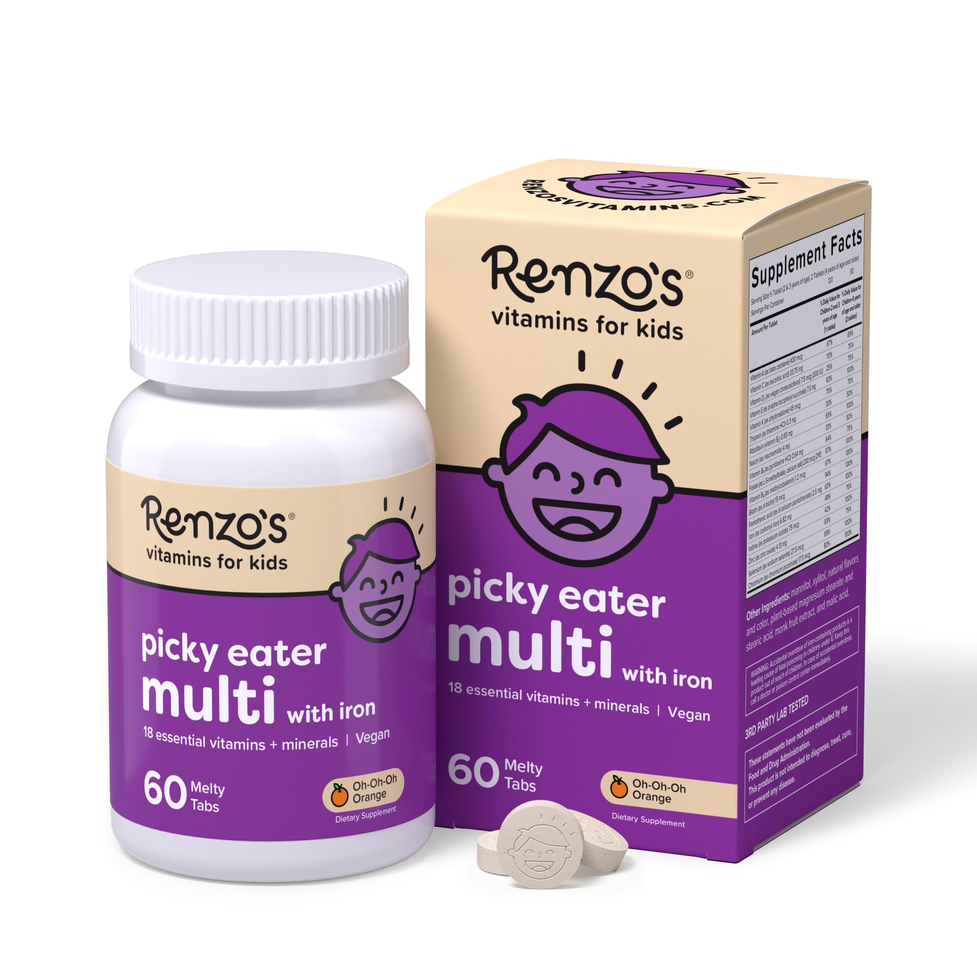 Renzo's Picky Eater orange dissolving tab, a convenient sugar-free daily vitamin for kids.