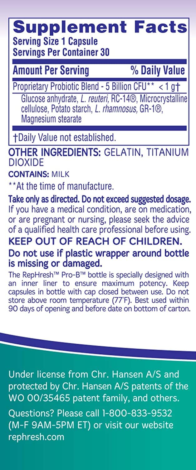 Rephresh Pro-B capsule close-up shows 5 billion CFUs per serving.