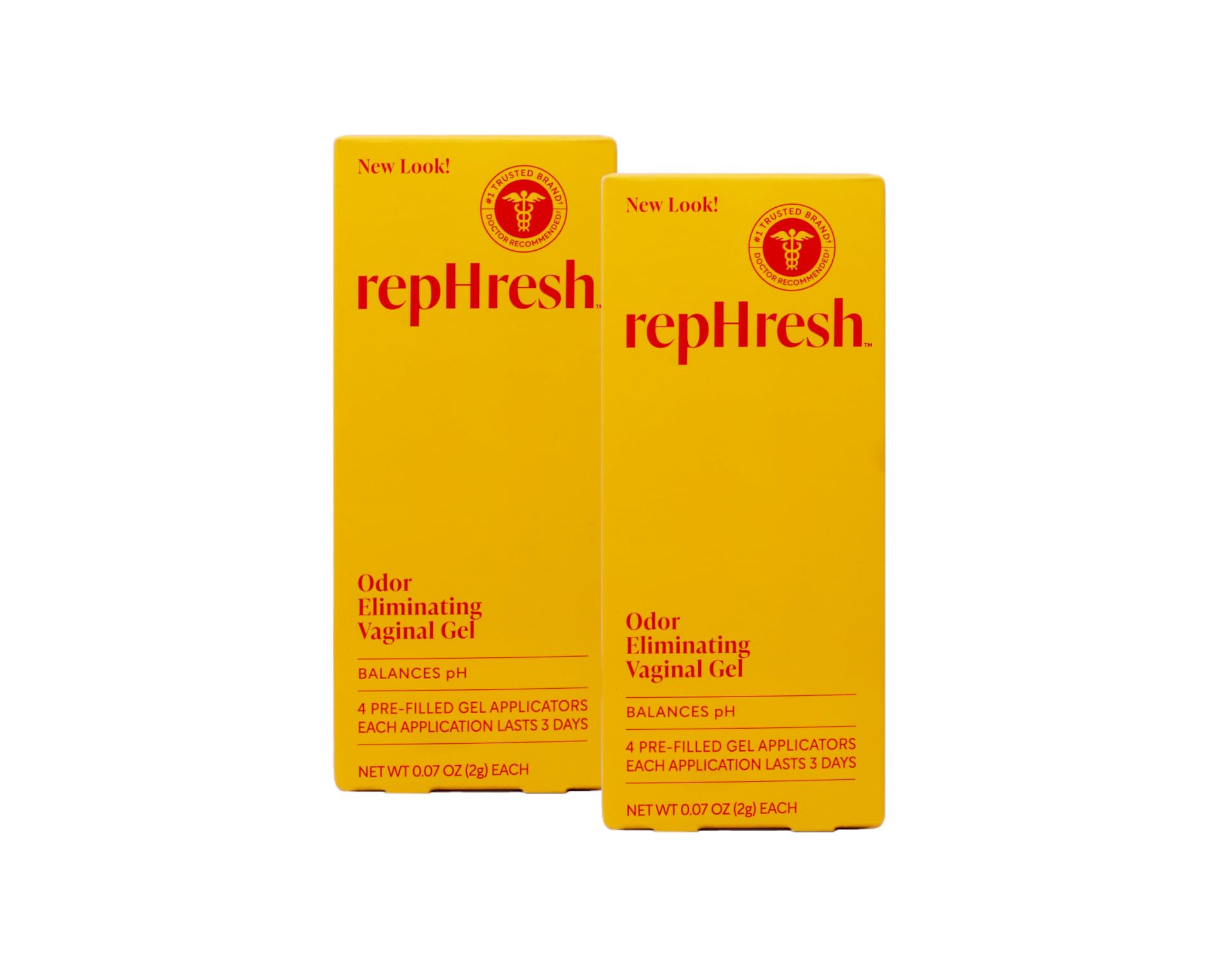 Rephresh Vaginal Gel box with four pre-filled applicators, ready for use.