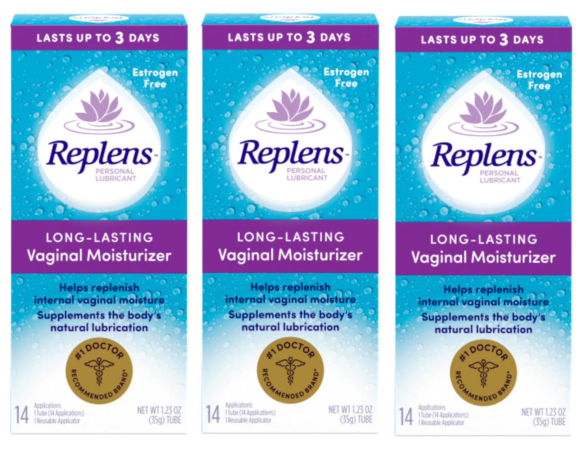 Replens bottle dispensing long-lasting moisturizer for lasting hydration.
