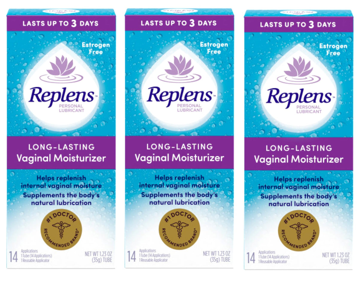 Replens bottle dispensing long-lasting moisturizer for lasting hydration.