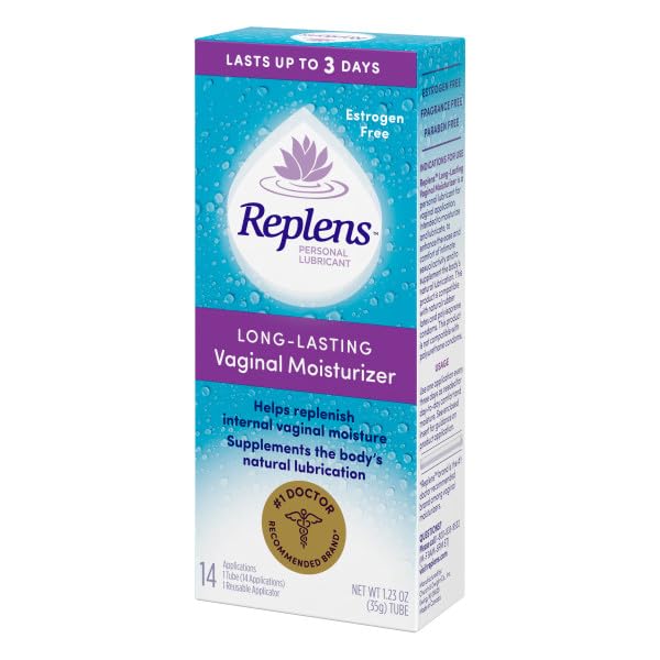 Condom compatibility badge on Replens packaging signals safe use with latex alternatives.