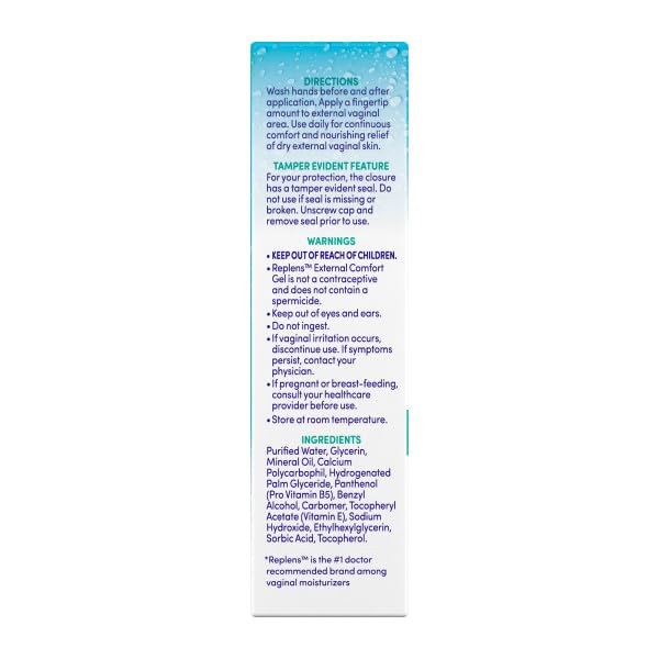 Side view of Replens gel bottle and packaging for portable care