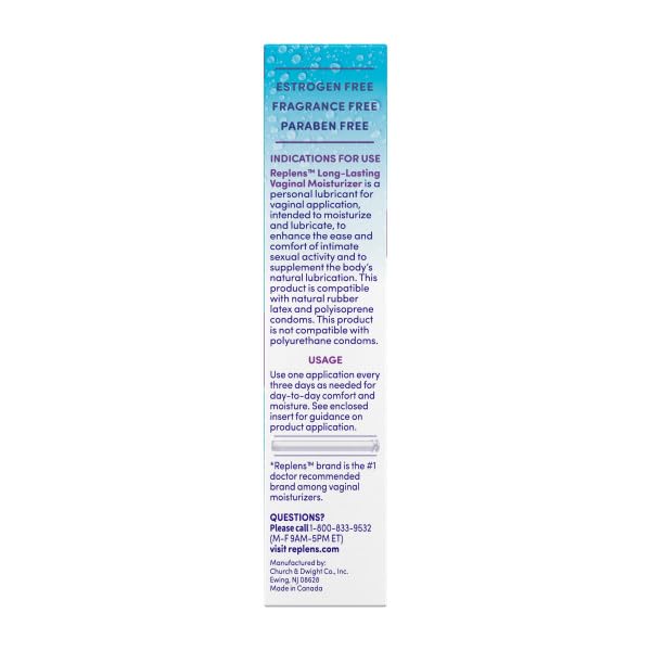 Estrogen-free icon accompanies Replens packaging for irritation-free use.