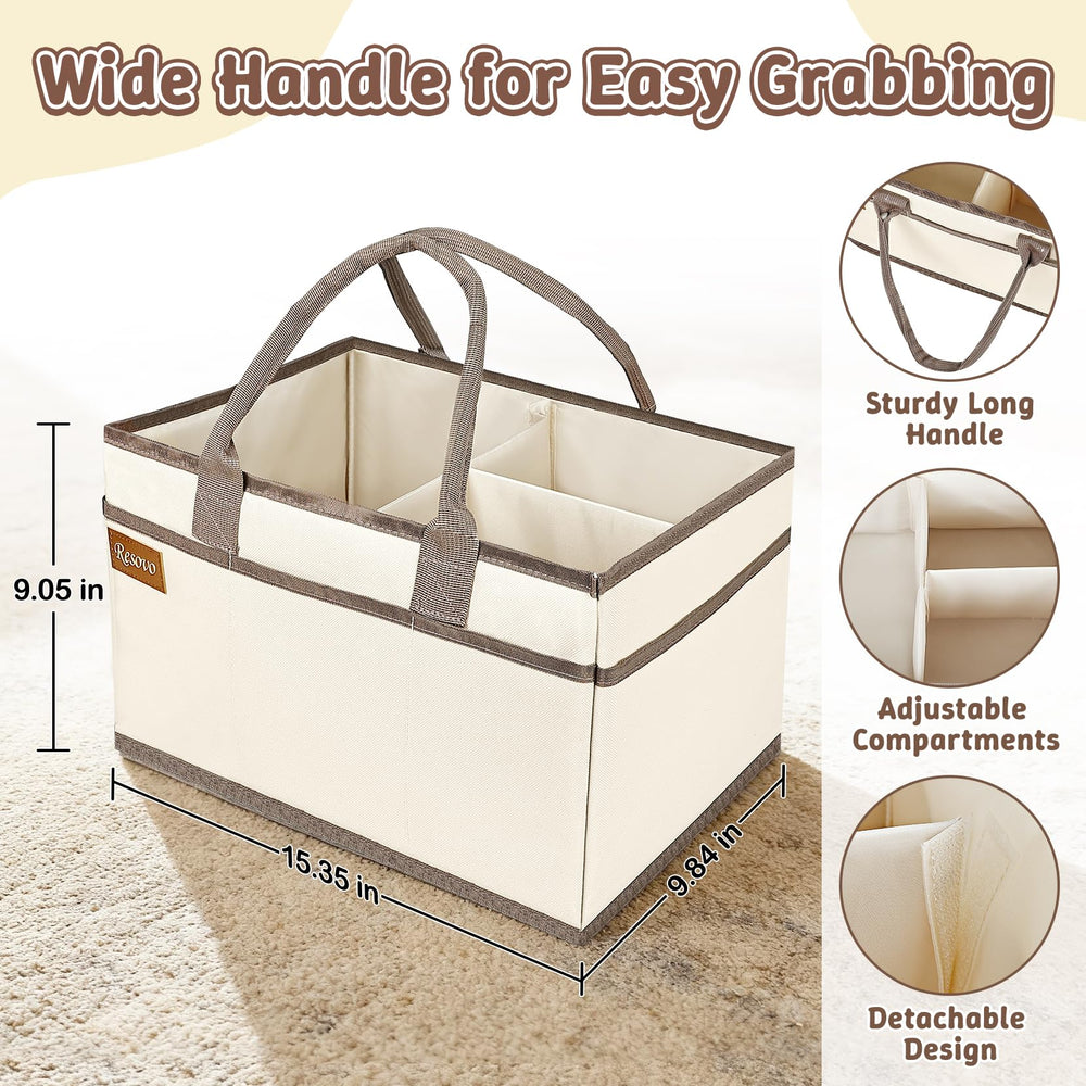 Resovo diaper caddy showing 3 compartments and 8 pockets for quick access to baby items.