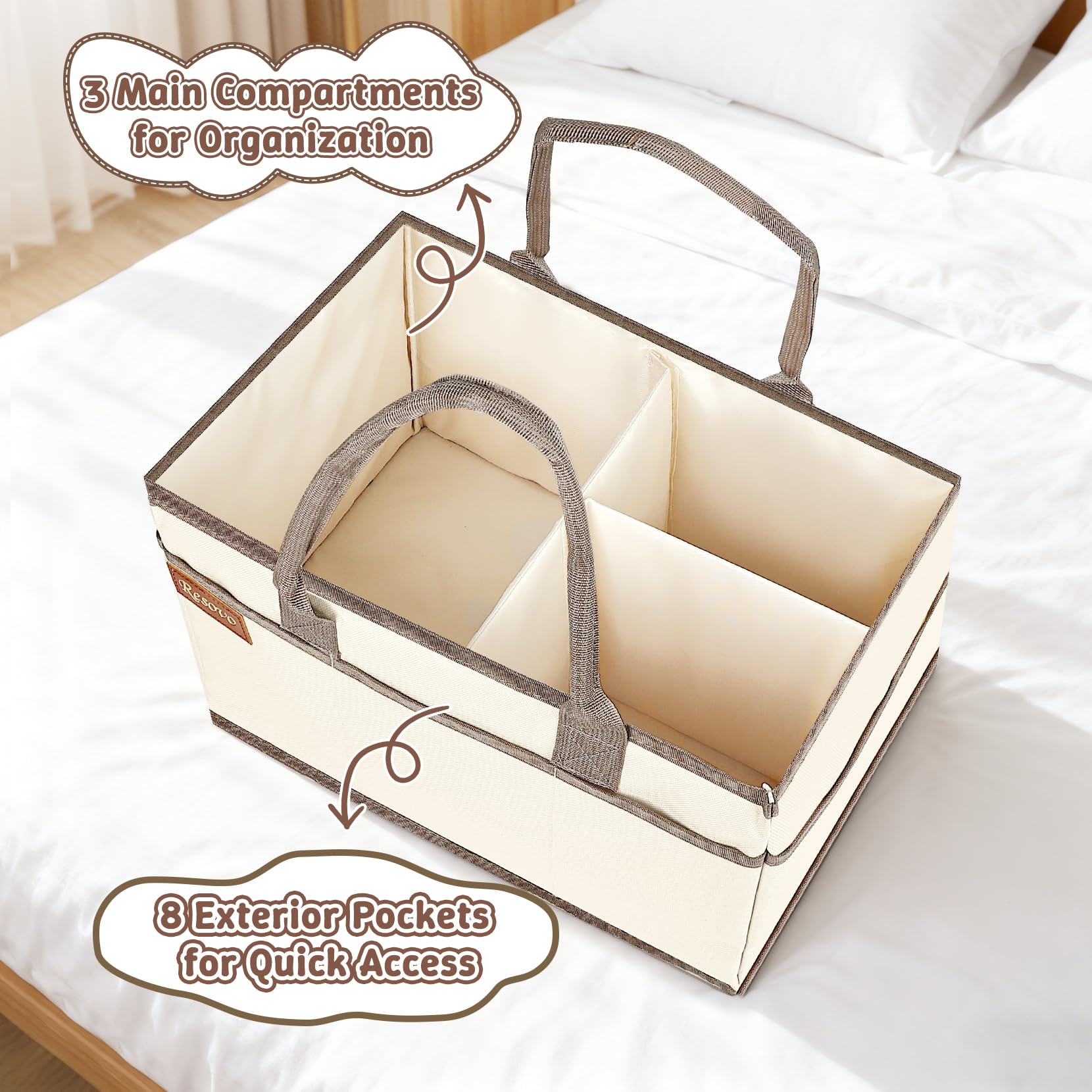 Resovo portable diaper caddy with handles designed for room-to-room use.