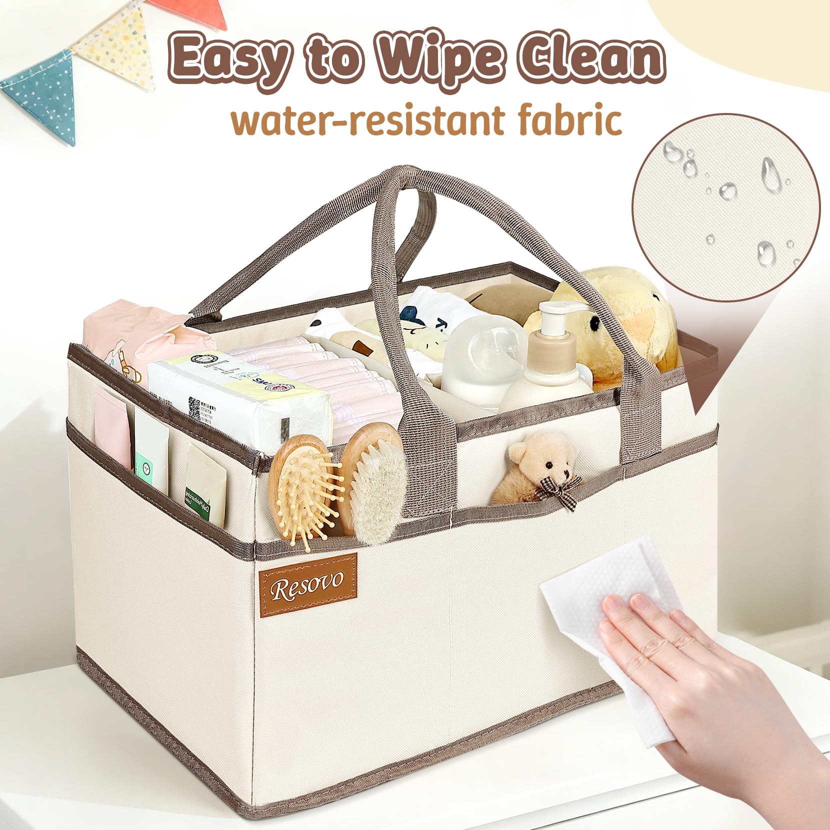 Resovo diaper caddy featuring a water-resistant lining for easy cleanup after spills.
