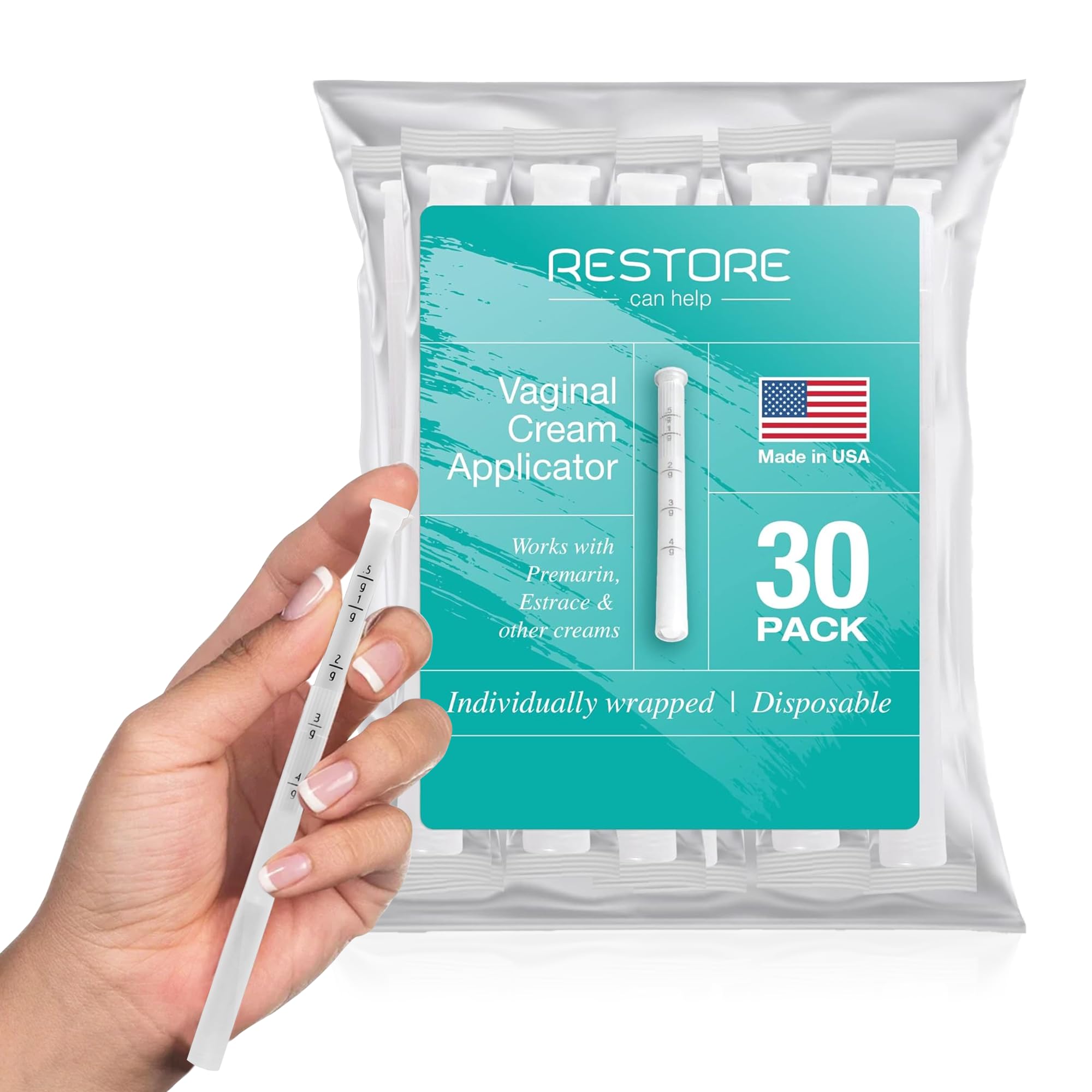 Restore Can Help BPA free vaginal applicator packaging for hygienic storage.