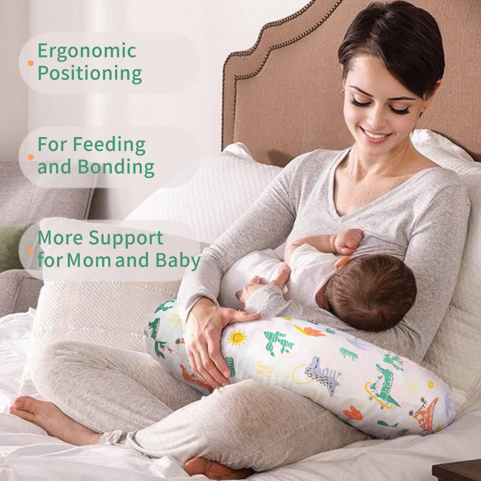 Resylp nursing pillow demonstrates ergonomic baby feeding position for comfort.