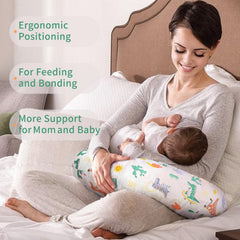 Resylp nursing pillow demonstrates ergonomic baby feeding position for comfort.