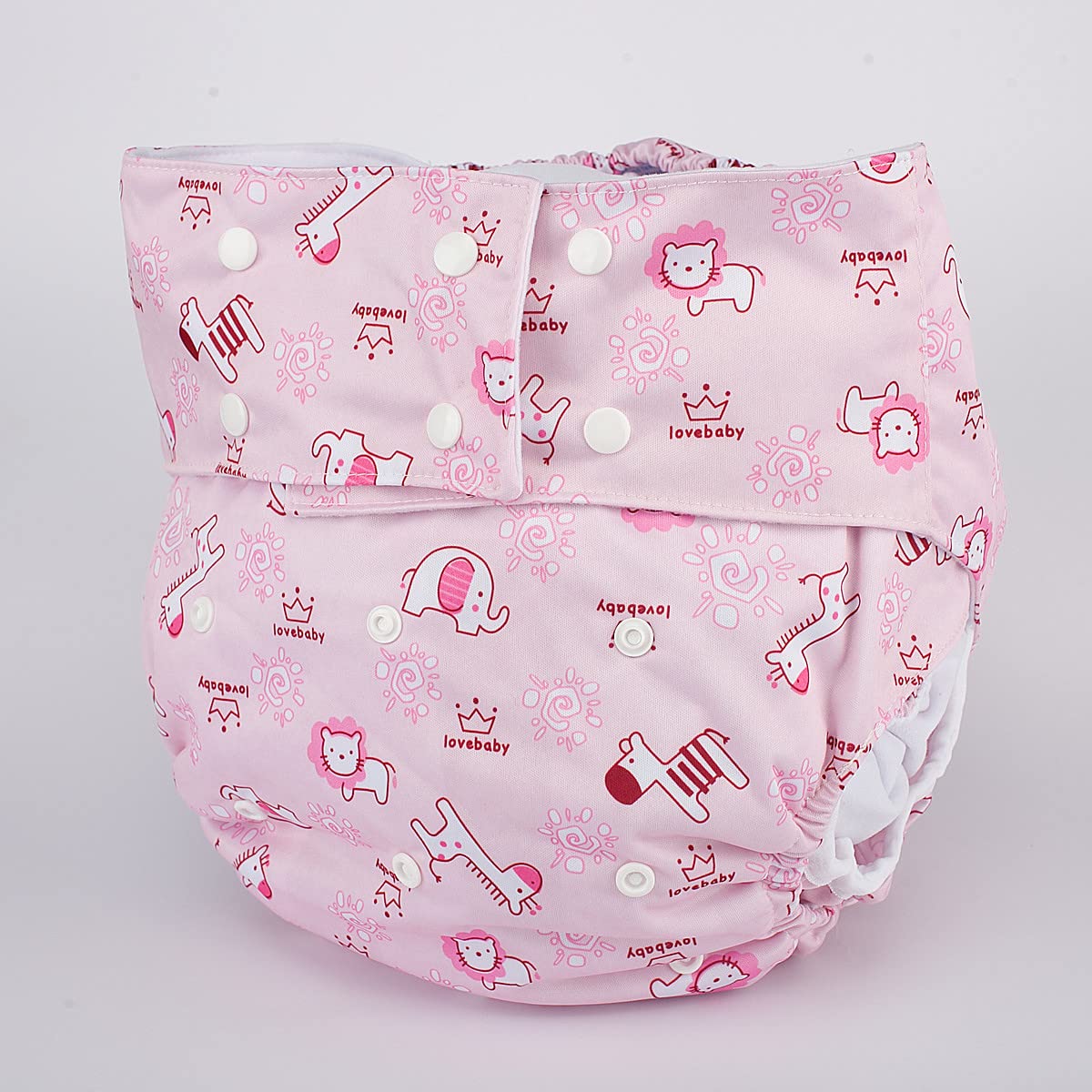 Elastic waistband with snaps adjusts from 27 to 39 inches.