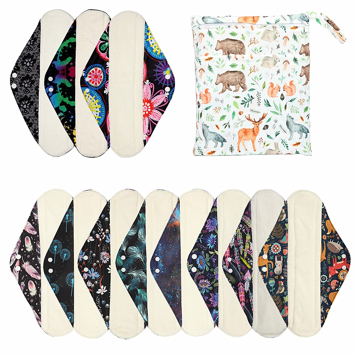 ReUseLife 12-piece 14-inch cloth pads set laid out for overnight use