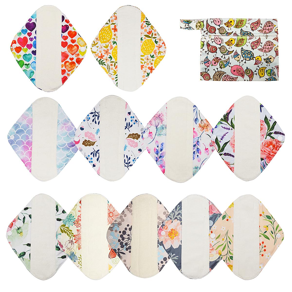 ReUseLife 12-piece cloth pads set with 8-inch pads for light-flow comfort.