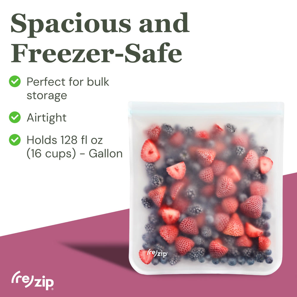(re)zip gallon bag demonstrates leakproof seal ideal for freezer storage.