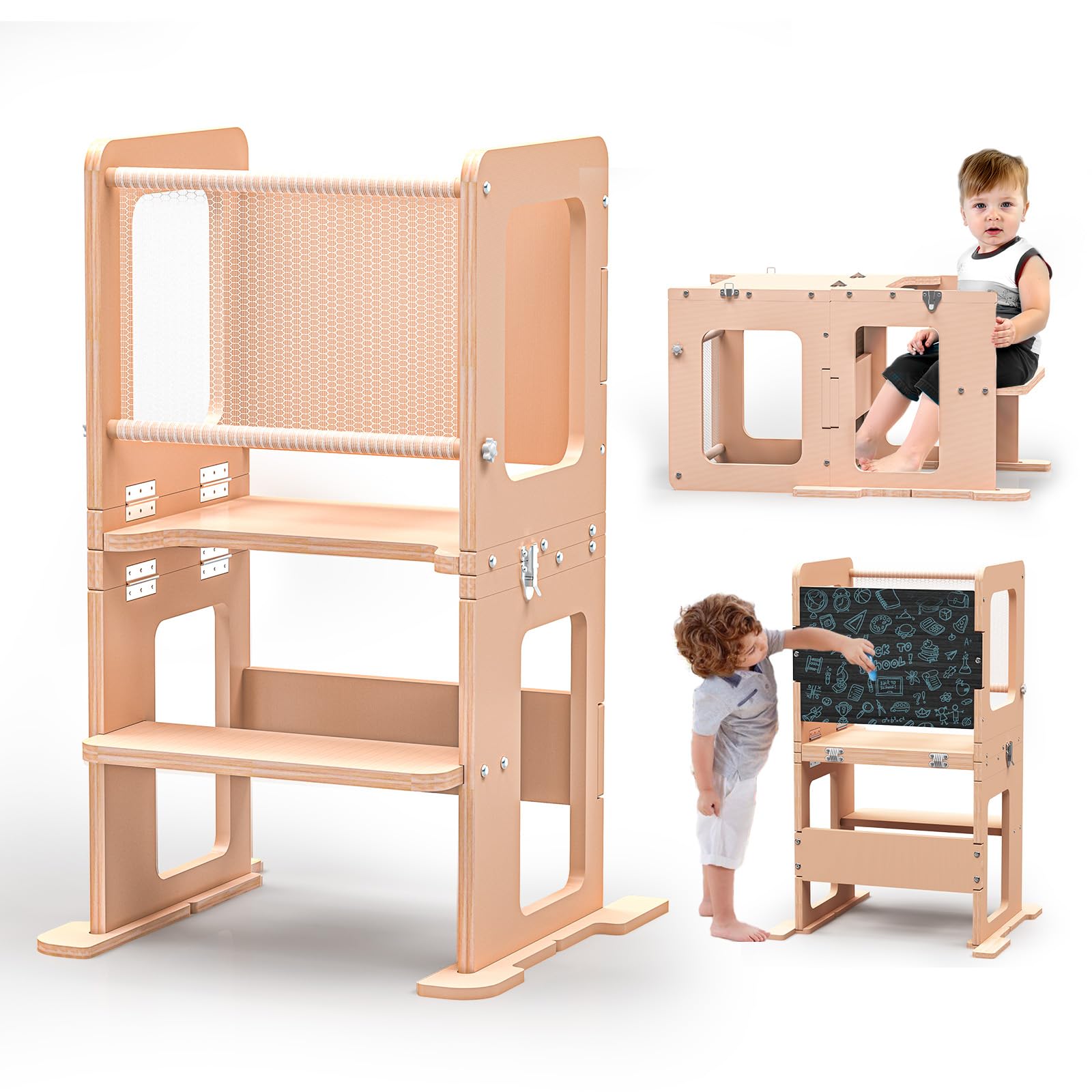 RGKQSY 3-in-1 toddler tower at counter height supports safe cooking participation.