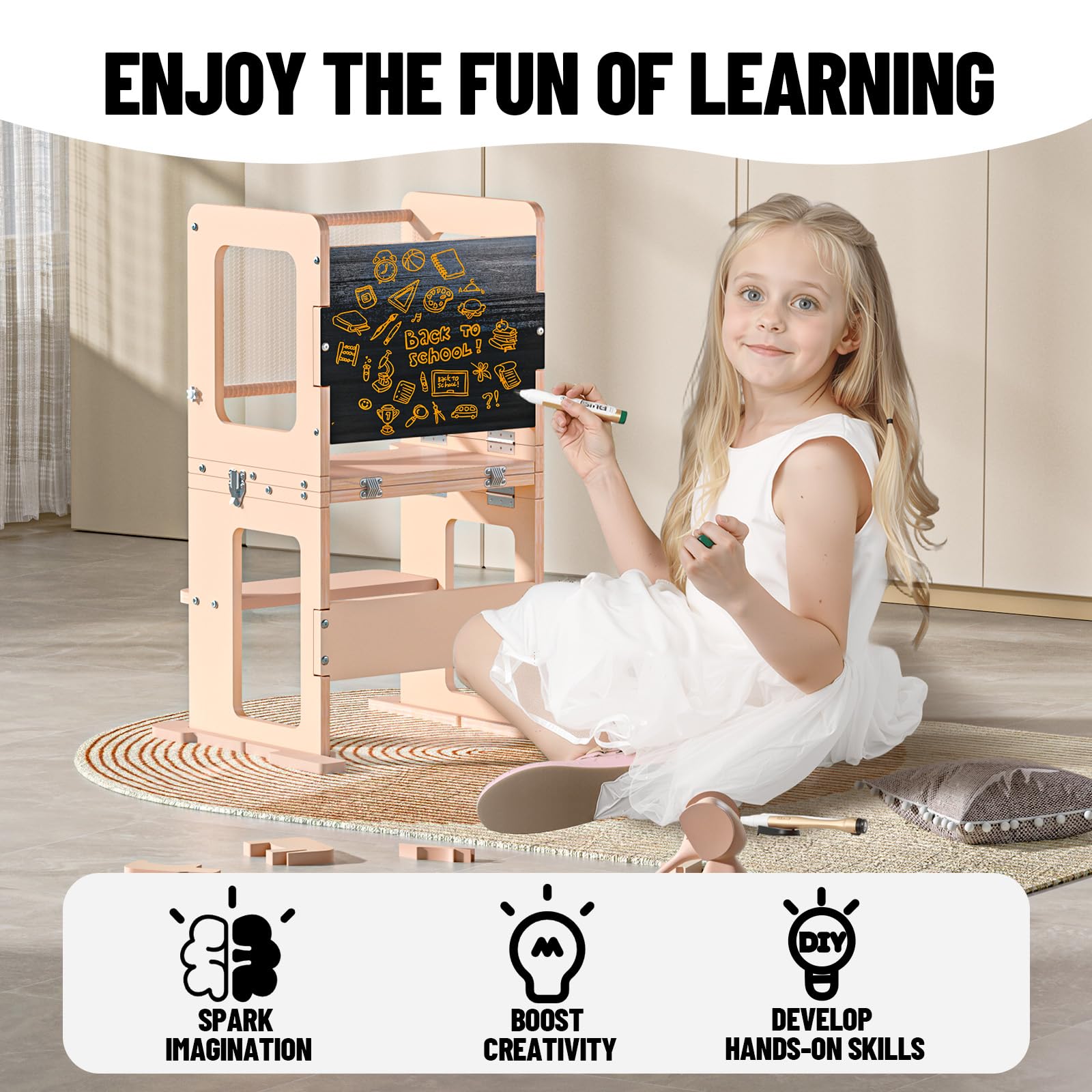 RGKQSY toddler tower converts to a desk for drawing and reading.