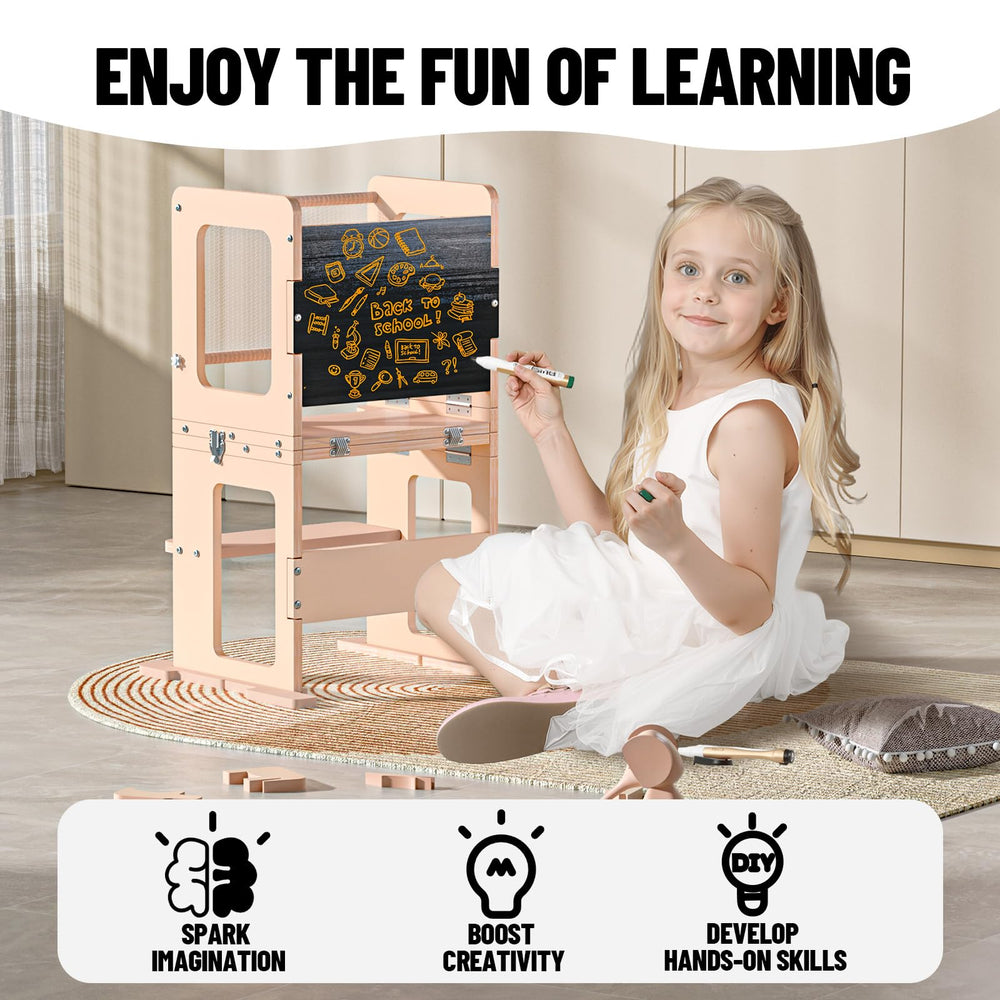 RGKQSY toddler tower converts to a desk for drawing and reading.