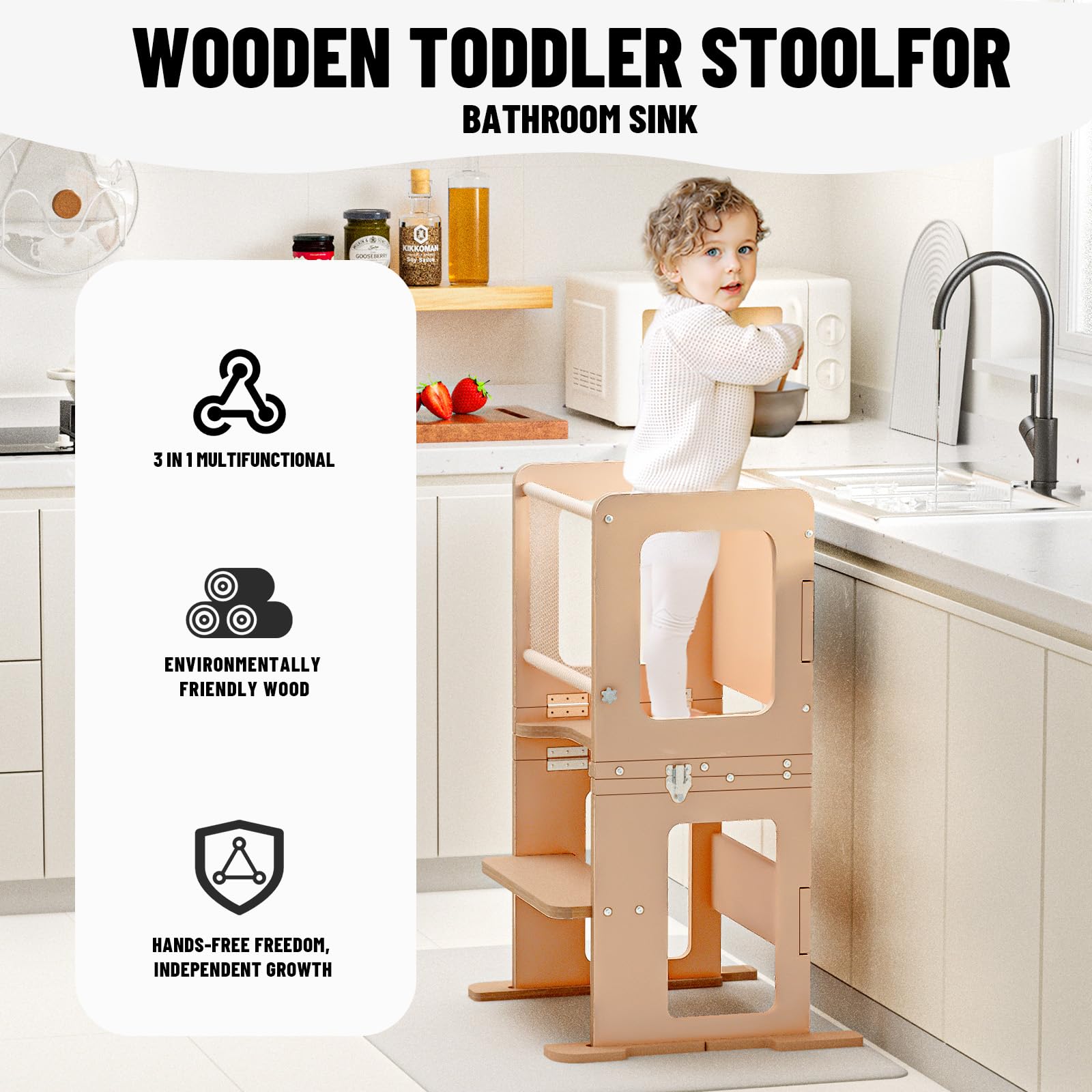 RGKQSY toddler tower with wide platform and non-slip feet keeps helpers secure.