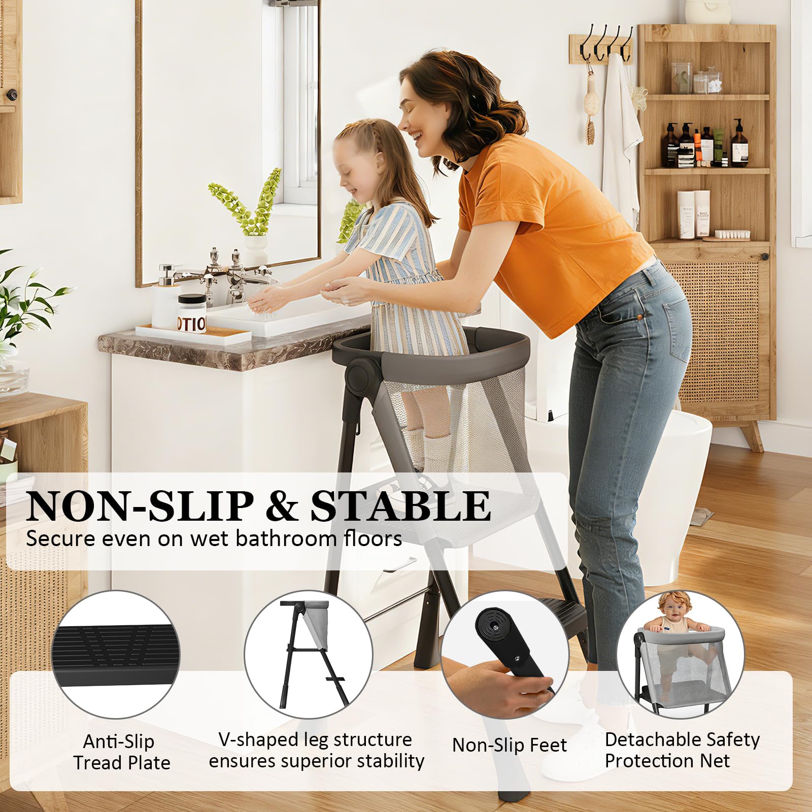 RGKQSY Toddler Standing Tower with V-shaped bracket enhances stability on slick floors.