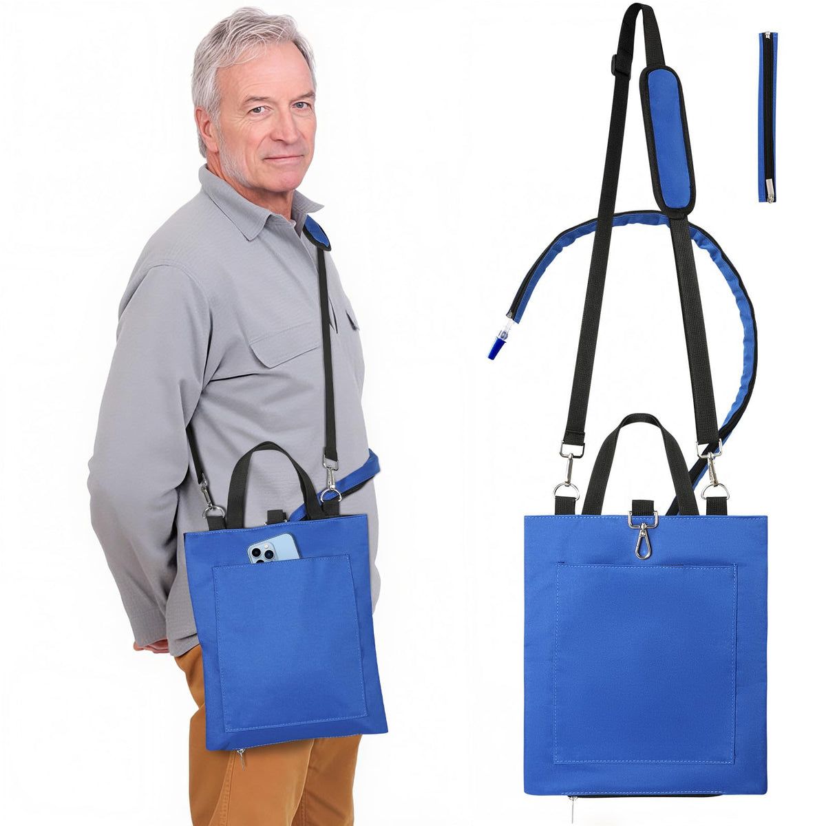 Rhino Valley catheter bag holder with adjustable strap for comfortable crossbody use and mobility.