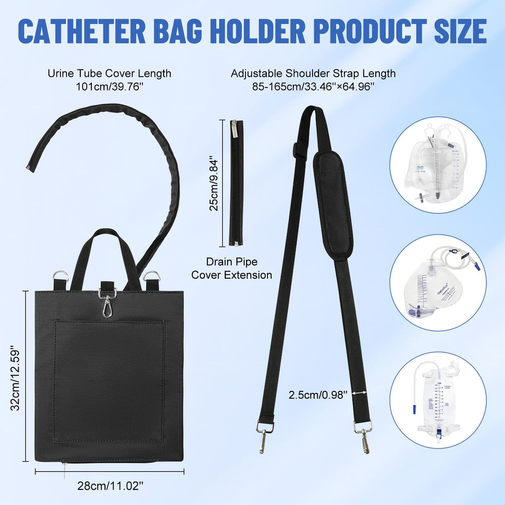 Rhino Valley catheter bag holder front view with storage pocket for essentials on the go.