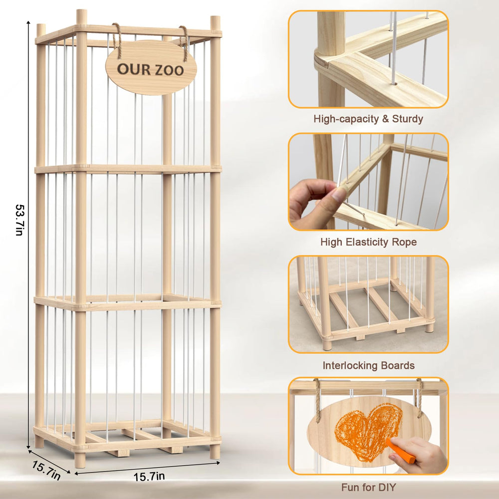 Rhyzoray wooden toy zoo display tower showing large plushies neatly.