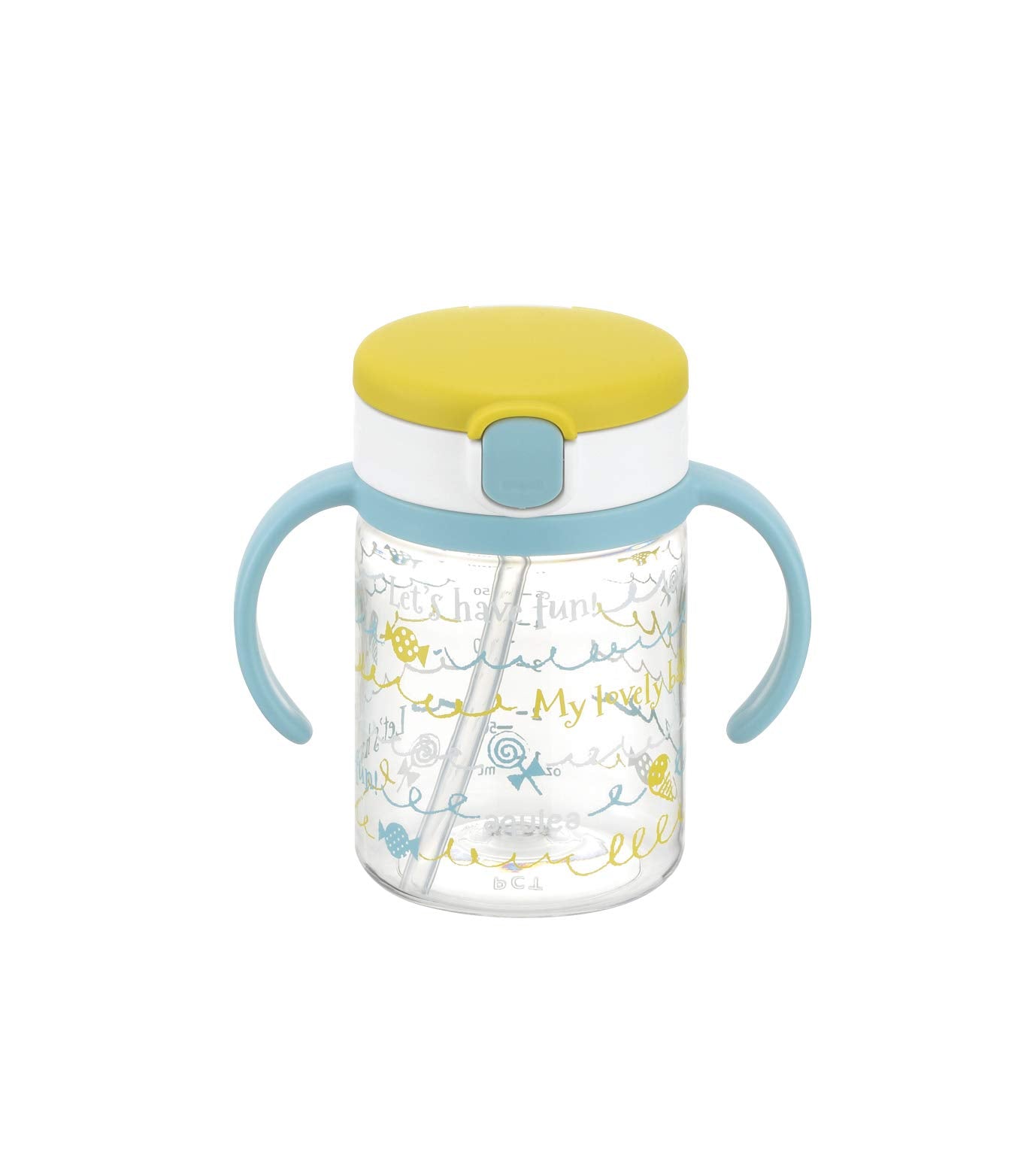 Richell Aqulea outing straw mug yellow with transparent Tritan body for easy content visibility